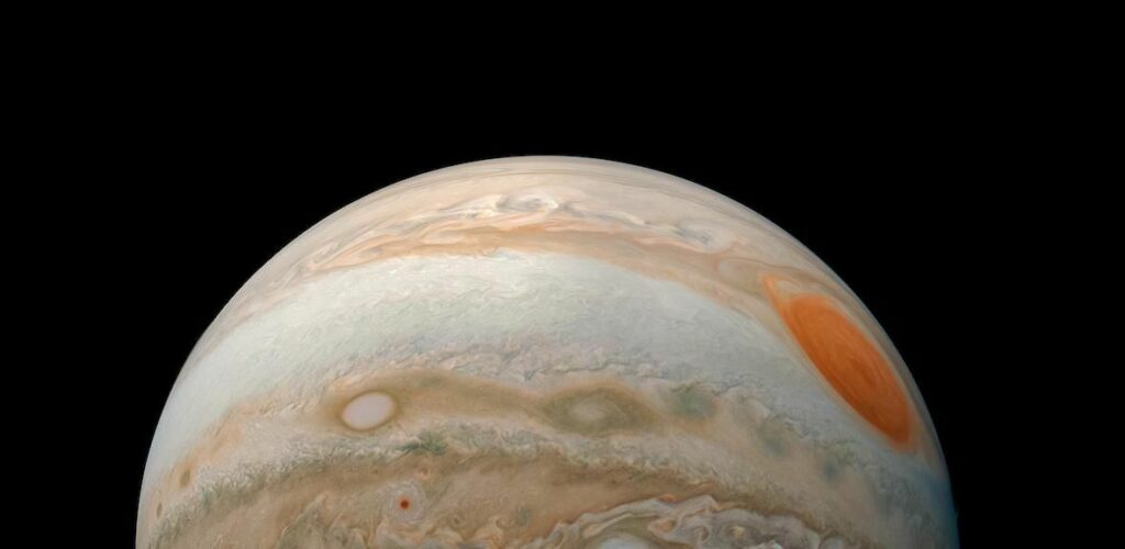 This striking view of Jupiter's Great Red Spot and turbulent southern hemisphere was captured by NASAs Juno spacecraft as it performed a close pass of the gas giant planet.
