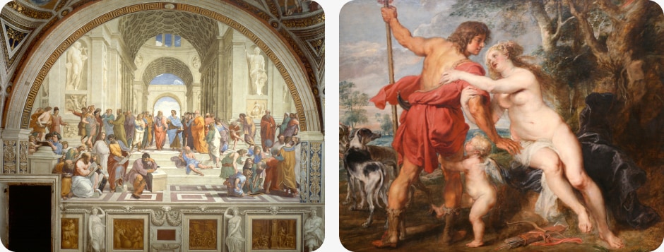 Left: The School of Athens by Raphael — Renaissance, 1511
Right: Venus and Adonis by Peter Paul Rubens — Baroque, 1635