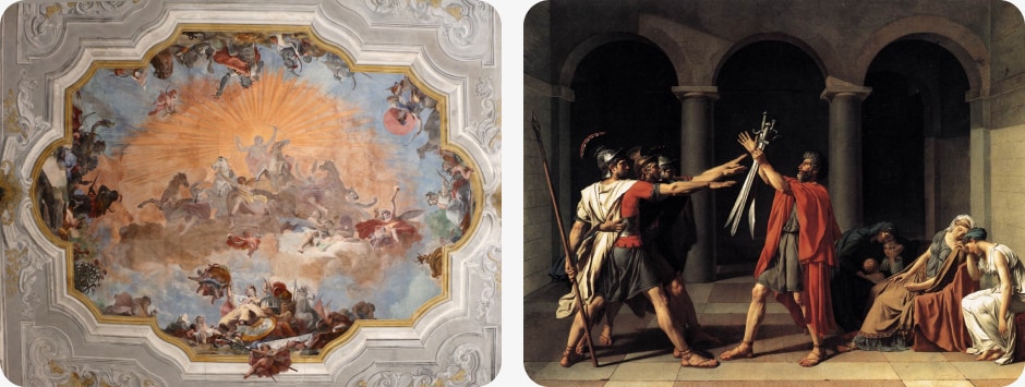 Left: The Chariot of Apollo fresco on the ceiling of the ballroom by Giovanni Battista Crosato — Rococo, 1753
Right: Oath of the Horatii by Jacques-Louis David —  Classicism, 1784