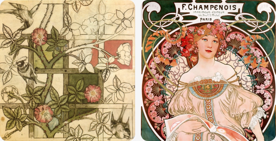 Left: design for Trellis wallpaper by William Morris — Arts and Crafts Movement, 1862
Right: F. Champenois Imprimeur-Éditeur by Alfons Mucha — Art Nouveau, 1897