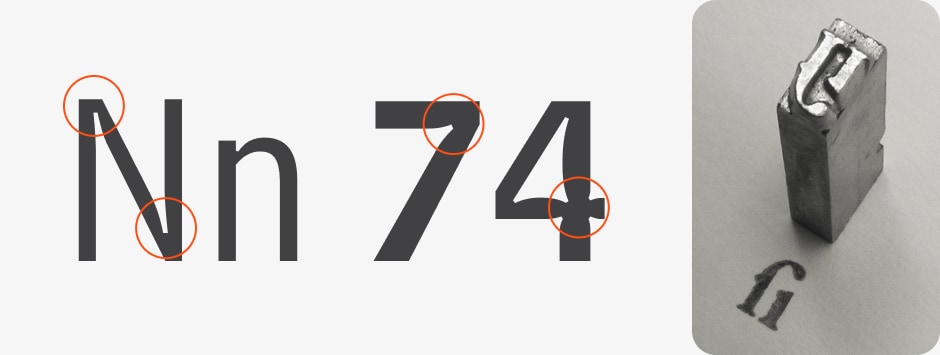 Left: Ink traps in Matthew Carter's Bell Centennial. The ink traps would be much less visible on the printed page.
Right: A piece of cast metal type ligature of letters f and i, Garamond typeface.