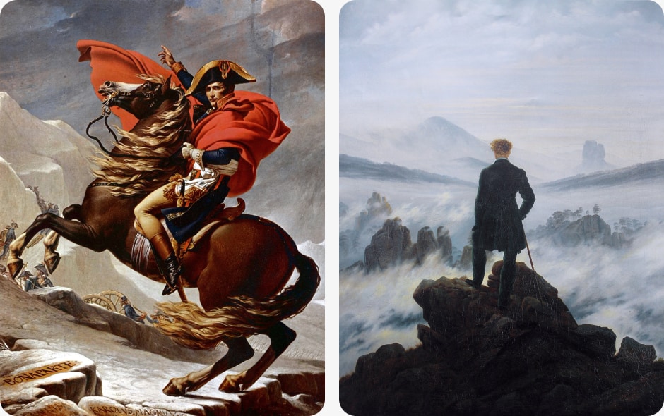 Left: Napoleon Bonaparte by Jacques-Louis David Second version Charlottenburg Palace — Neoclassicism, 1801-1805
Right: Wanderer above the Sea of Fog by Caspar David Friedrich — Romanticism, 1818