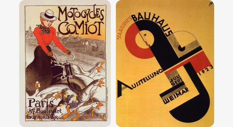 Left: Motocycles Comiot by Théophile-Alexandre Steinlen from Les Maîtres de l'affiche — Art Nouveau, 1899
Right: Poster for the Bauhausaustellung, by Joost Schmidt — Bauhaus, 1923