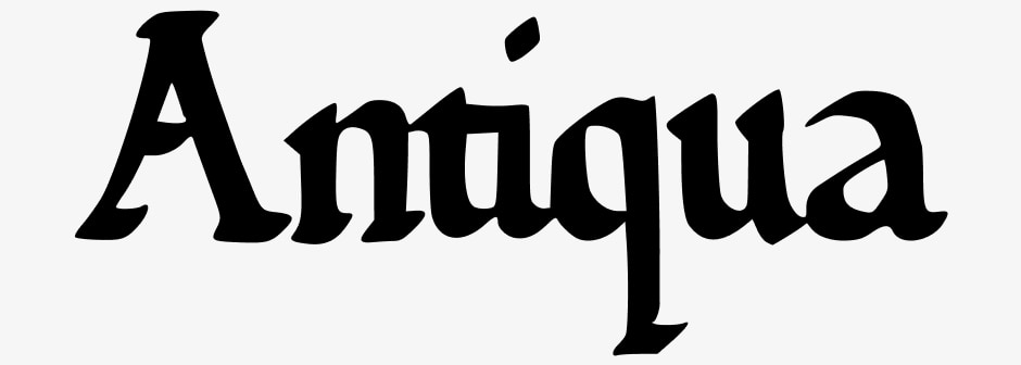 Calligraphic writing of the word Antiqua in the Antiqua font.